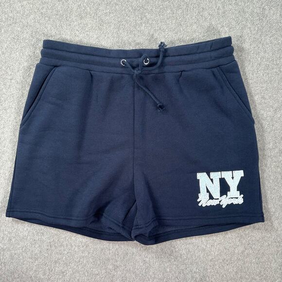 Lazy Sunday New York Sweat Shorts Women's Large Navy Blue Drawstring Fleece - Picture 1 of 7